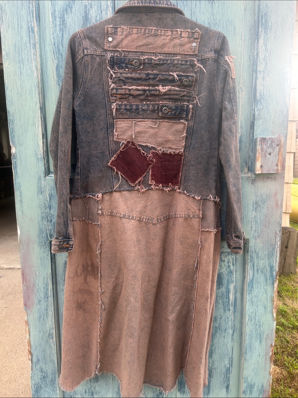 Upcycled post apocalyptic zombie apocalypse tattered patched denim jean jacket